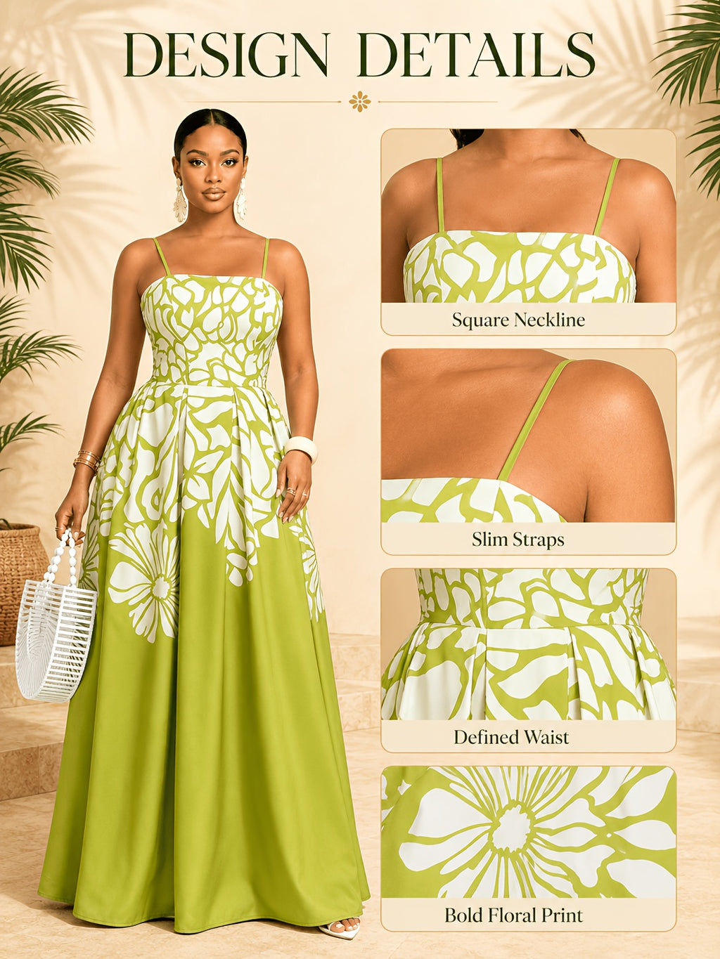 Robe longue grande taille — Imprimé floral placé vert anis