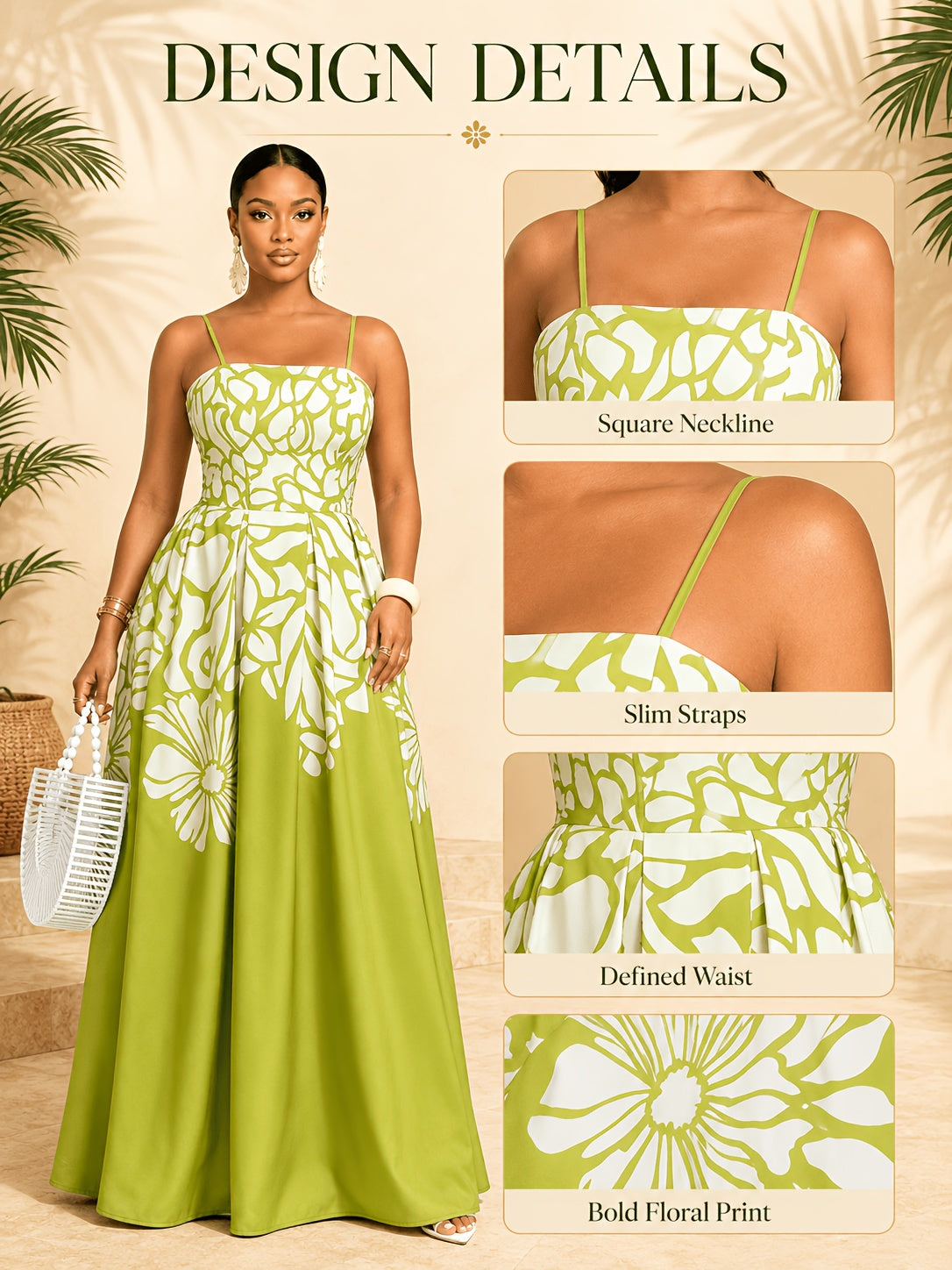 Robe longue grande taille — Imprimé floral placé vert anis