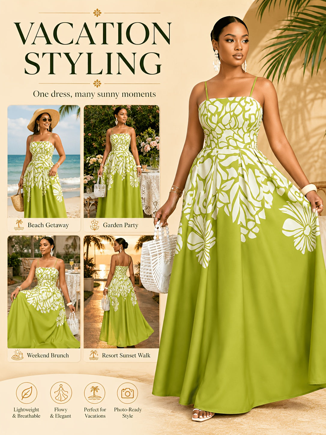 Robe longue grande taille — Imprimé floral placé vert anis