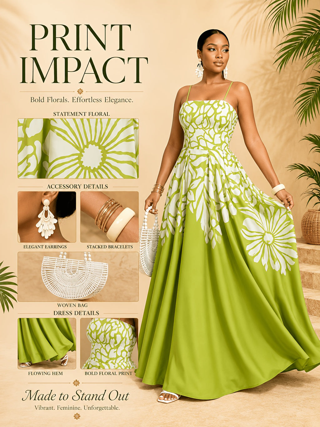 Robe longue grande taille — Imprimé floral placé vert anis