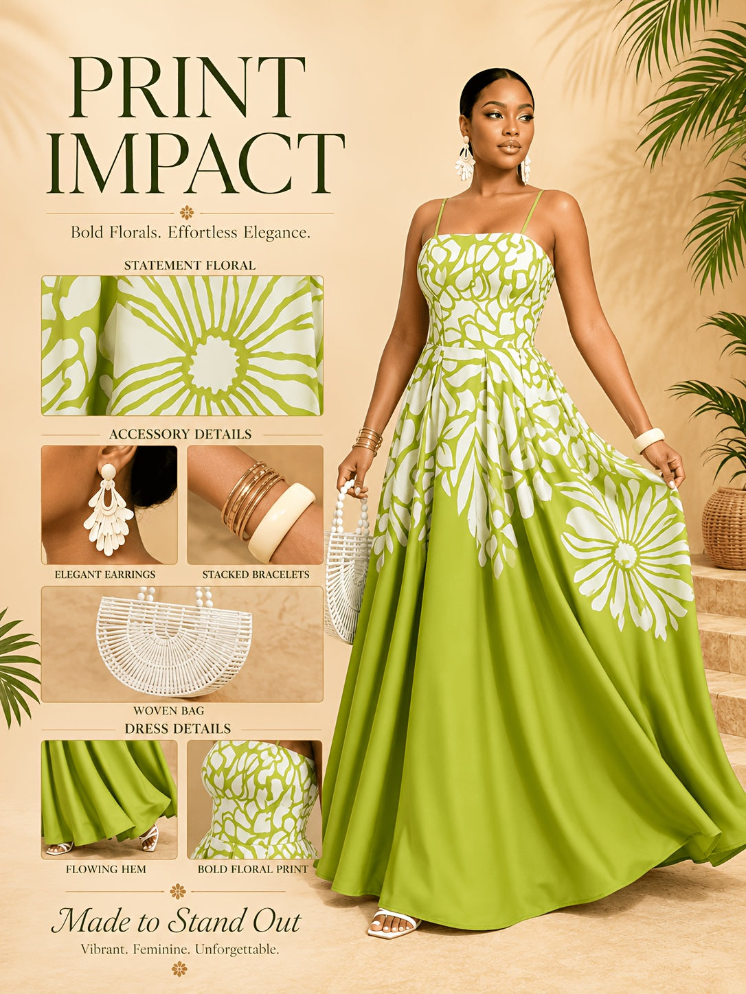 Robe longue grande taille — Imprimé floral placé vert anis