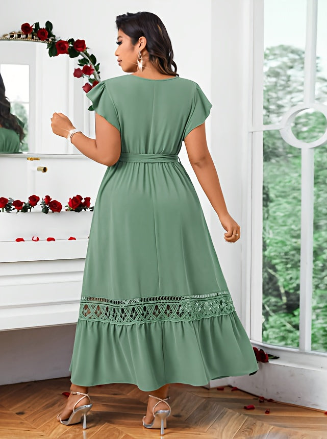 Robe longue grande taille — Vert sauge et bande de guipure