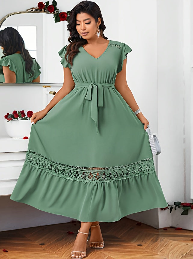 Robe longue grande taille — Vert sauge et bande de guipure