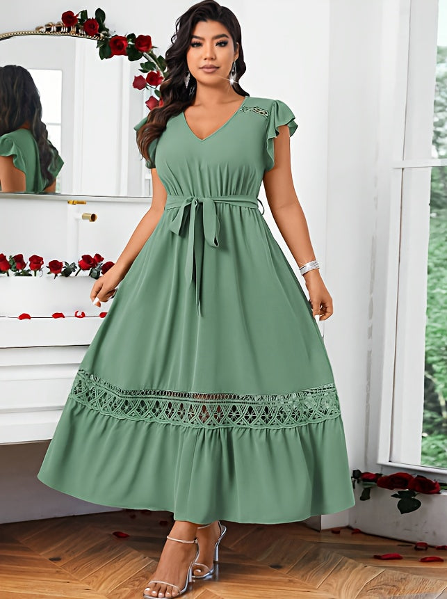 Robe longue grande taille — Vert sauge et bande de guipure