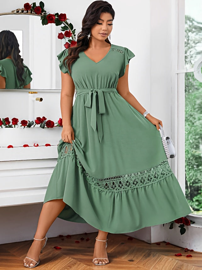 Robe longue grande taille — Vert sauge et bande de guipure