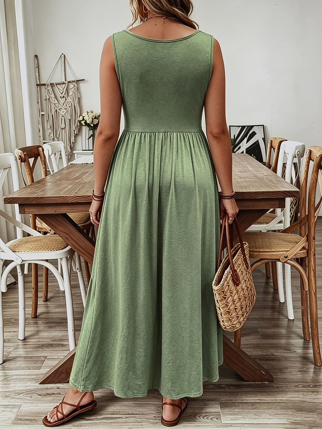Robe longue grande taille, bouton de bois et poches latérales