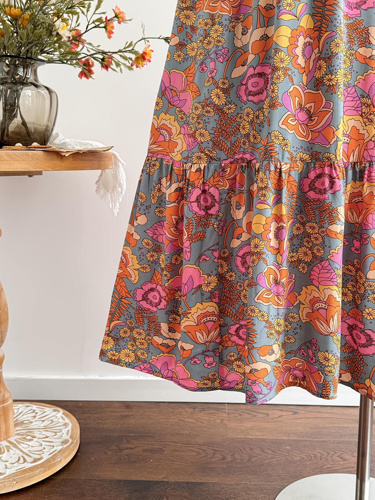 Robe longue grande taille — Floral rétro et galon de guipure