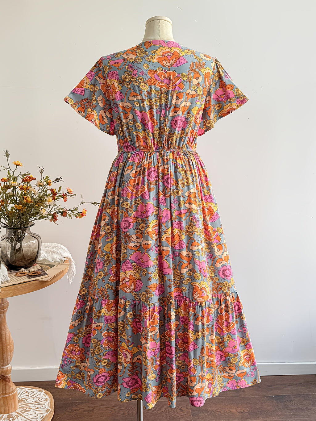 Robe longue grande taille — Floral rétro et galon de guipure