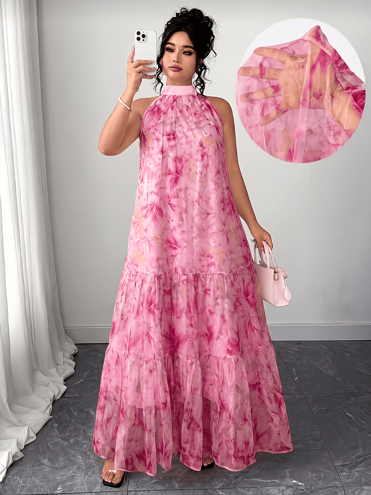 Robe longue grande taille — Voile imprimé et volant d'ourlet