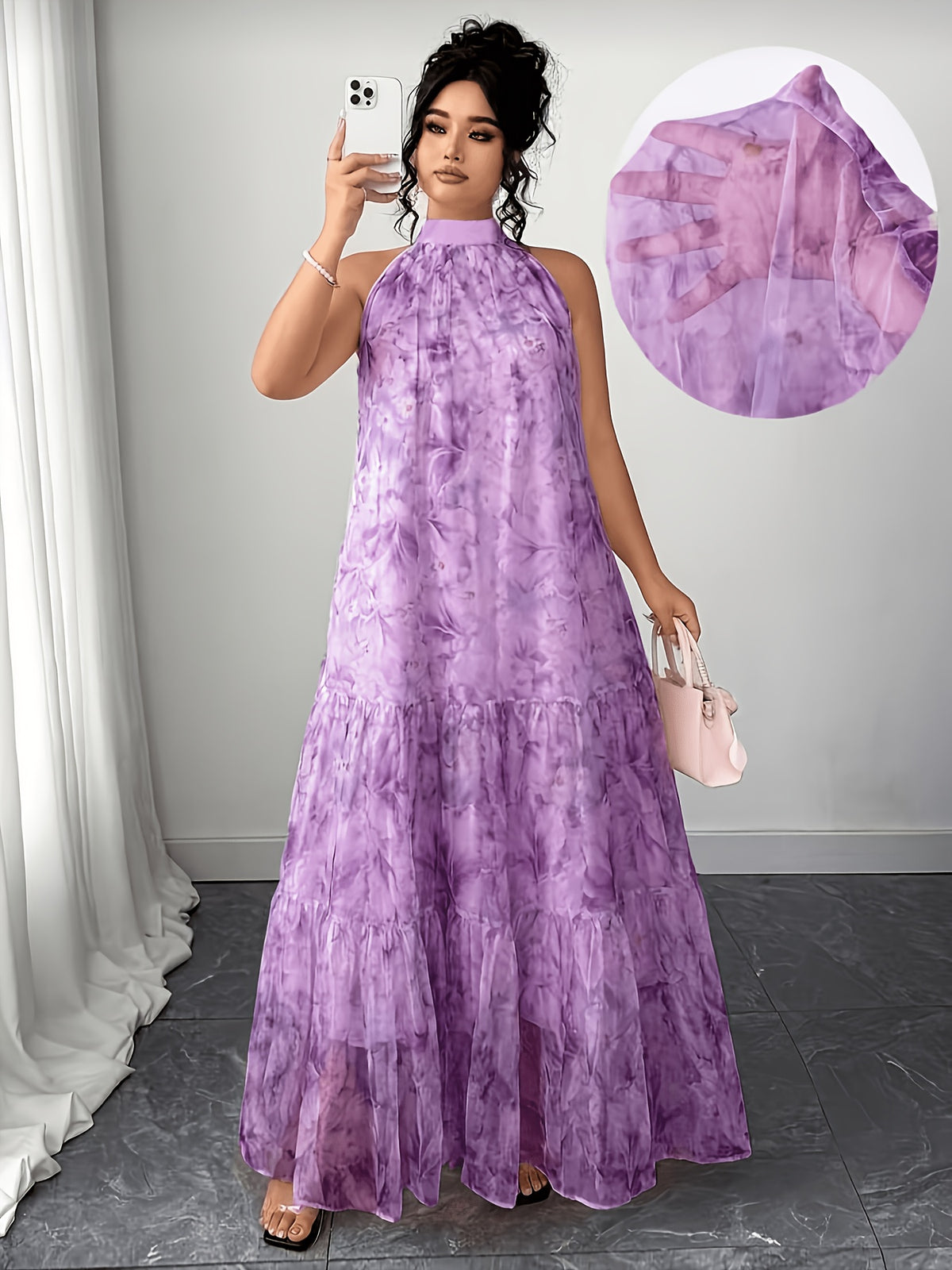 Robe longue grande taille — Voile imprimé et volant d'ourlet