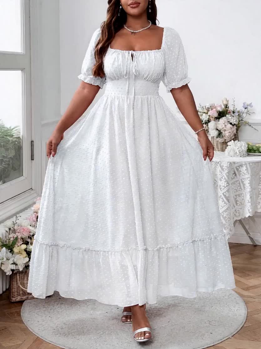 Robe longue grande taille — Voile plumetis blanc à volant