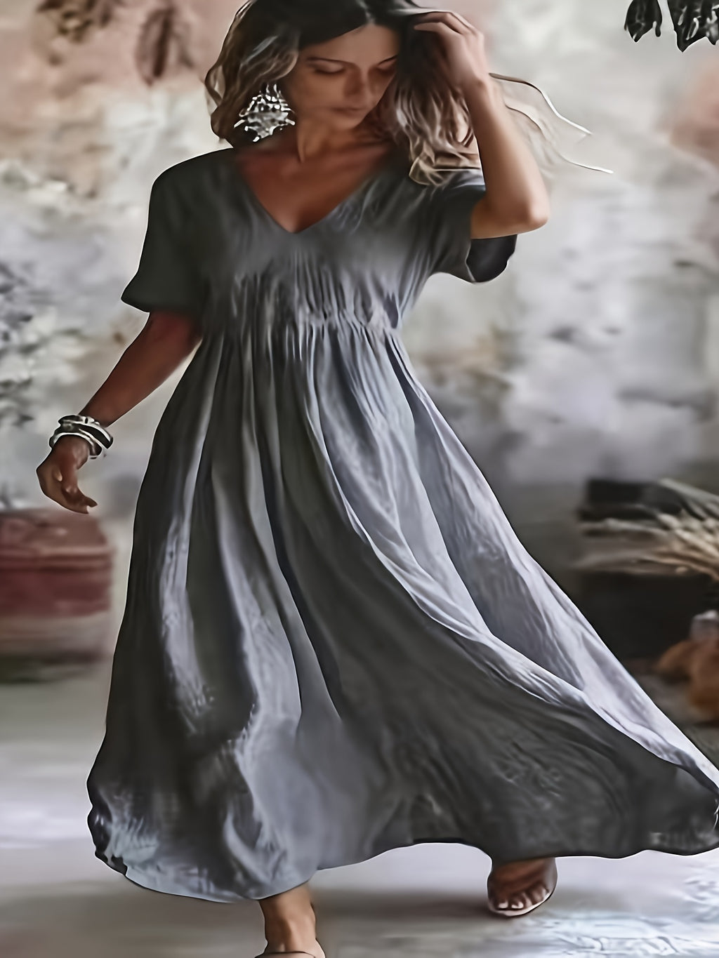 Robe longue grande taille — Grise froissée à manches kimono