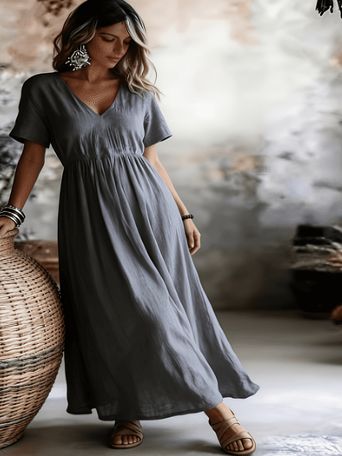 Robe longue grande taille — Grise froissée à manches kimono