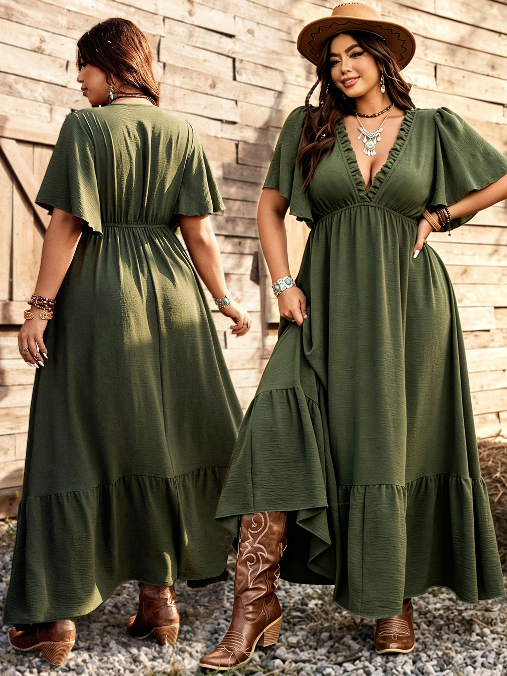Robe longue grande taille — Kaki à manches papillon courtes