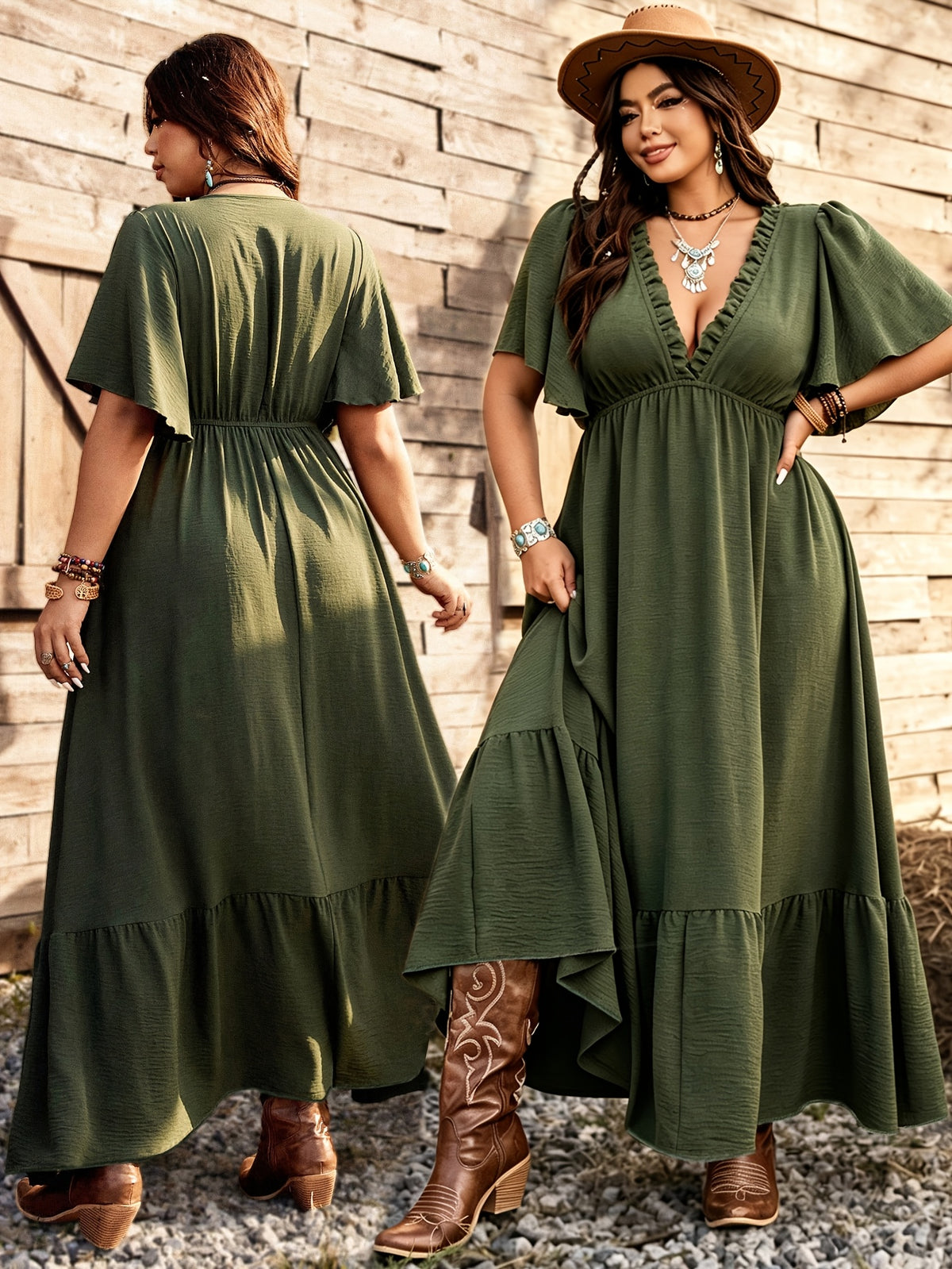 Robe longue grande taille — Kaki à manches papillon courtes