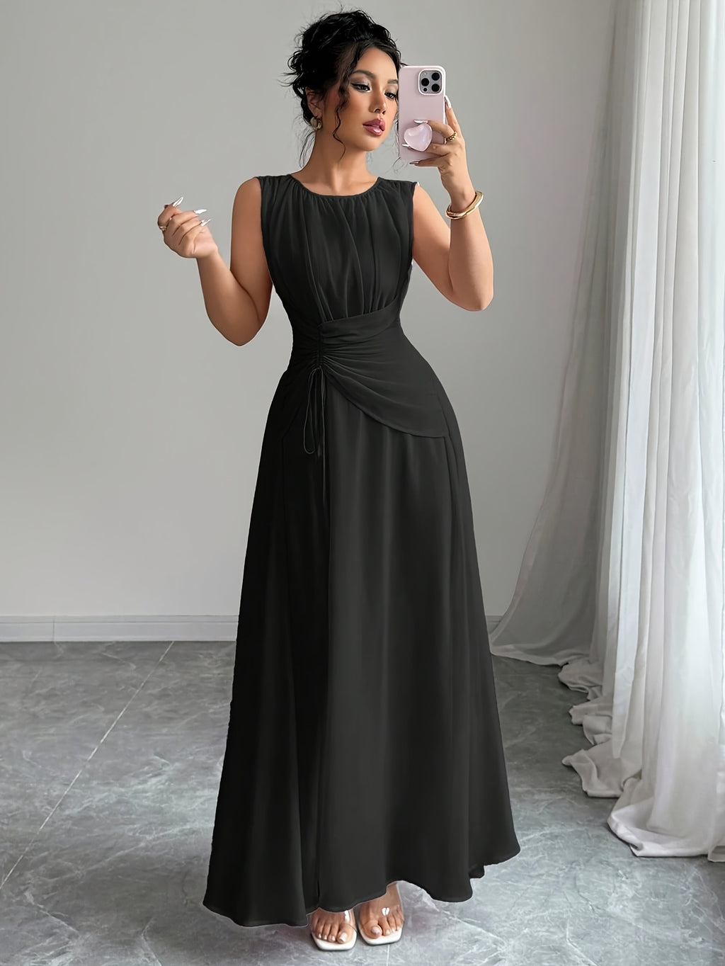 Robe longue grande taille — Mousseline à ceinture nouée