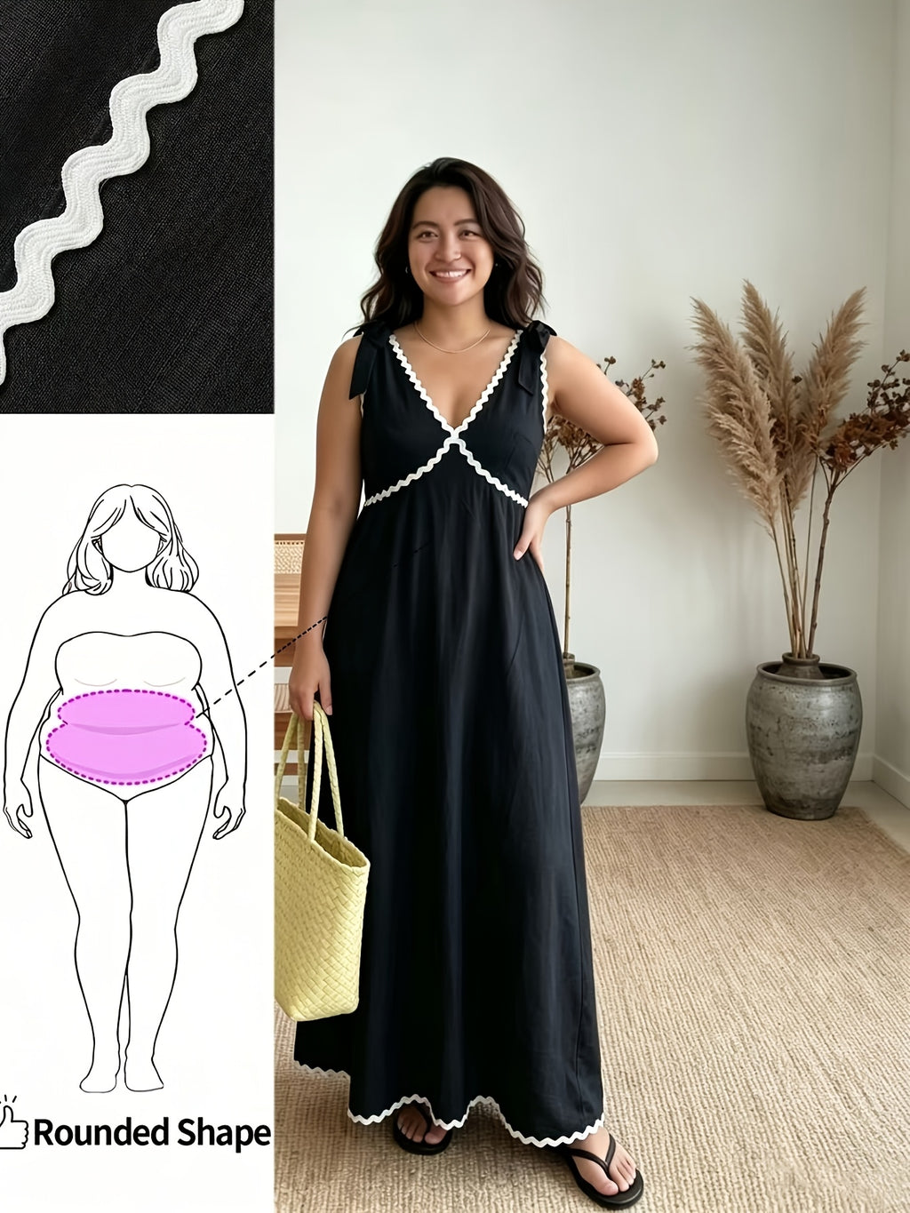 Robe longue grande taille — Noire à galon croquet blanc
