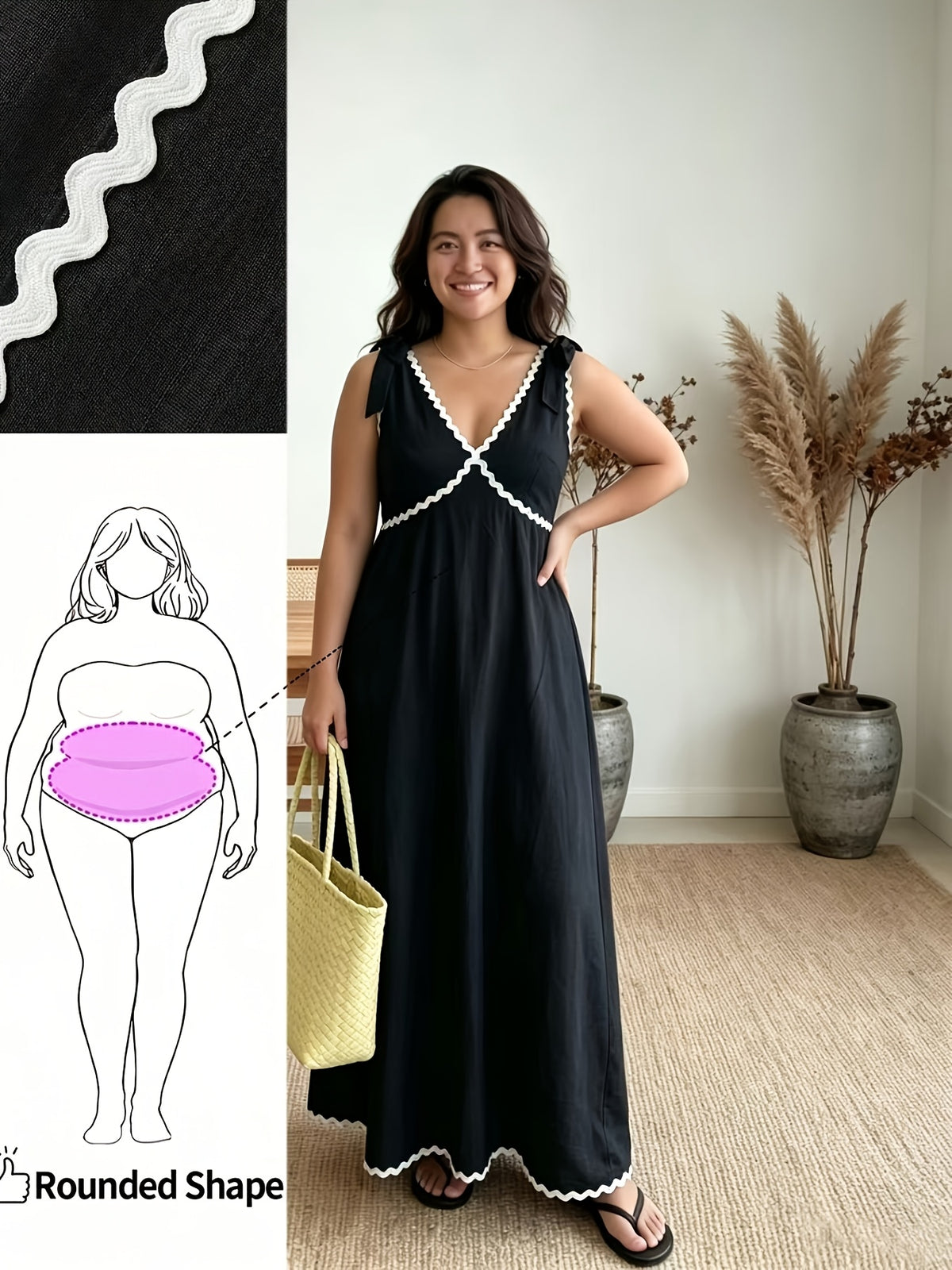 Robe longue grande taille — Noire à galon croquet blanc