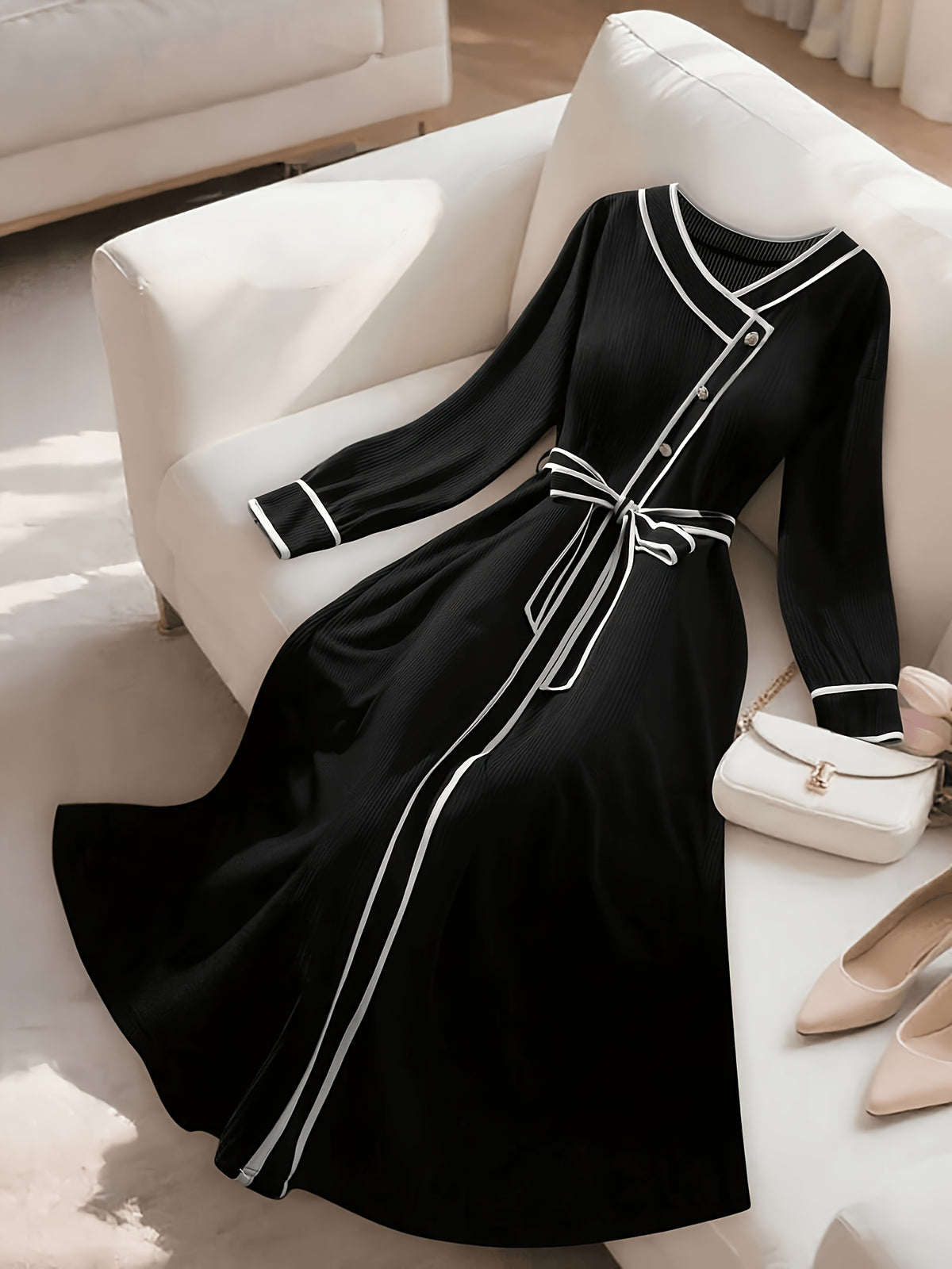 Robe longue noire grande taille — Passepoil blanc et ceinture