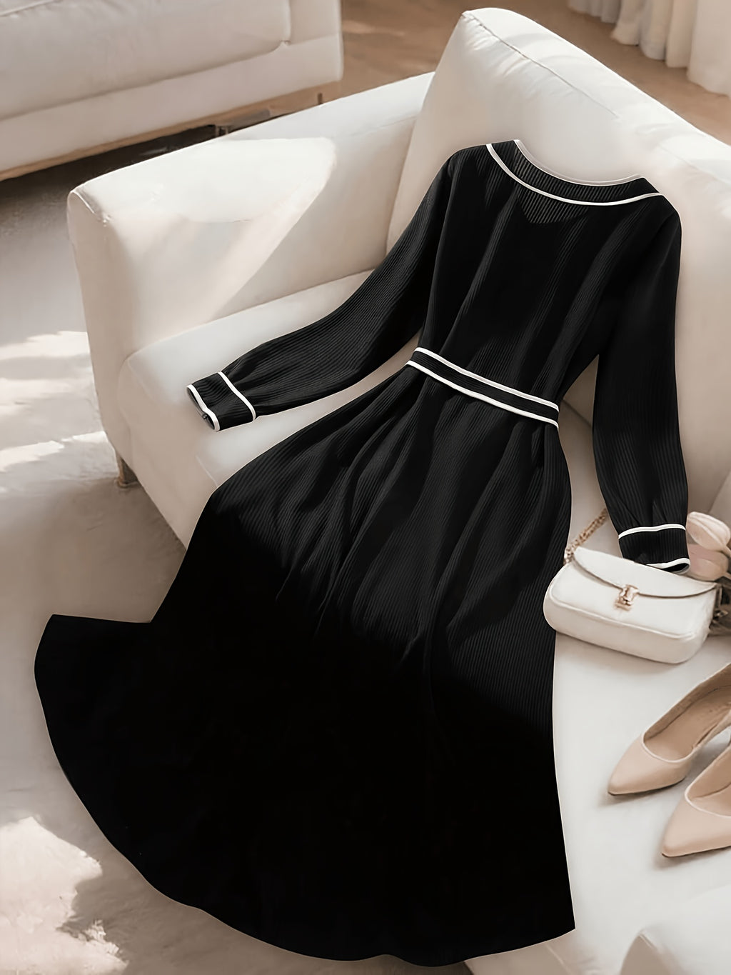 Robe longue noire grande taille — Passepoil blanc et ceinture