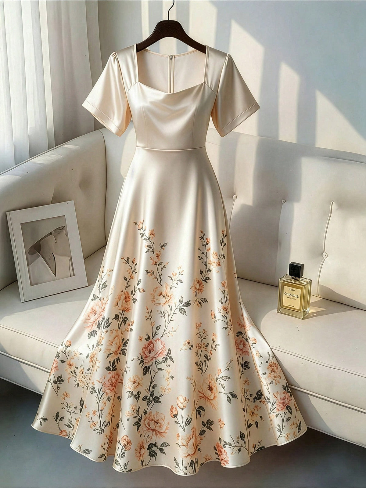 Robe longue grande taille — Satin ivoire à imprimé placé