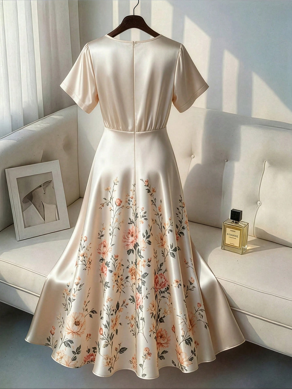 Robe longue grande taille — Satin ivoire à imprimé placé