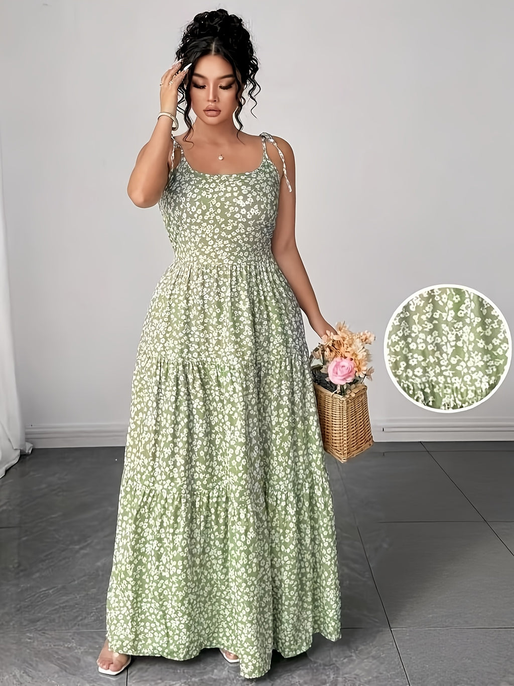 Robe longue grande taille — Vert sauge à fleurs blanches