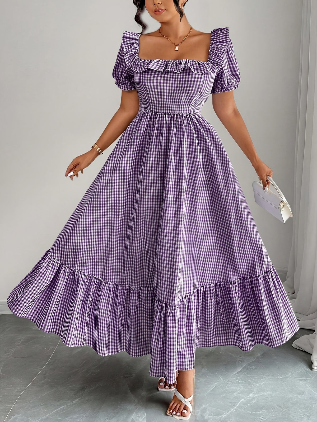 Robe longue grande taille — Vichy violet et dos smocké élastique