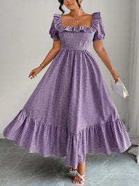 Robe longue grande taille — Vichy violet et dos smocké élastique