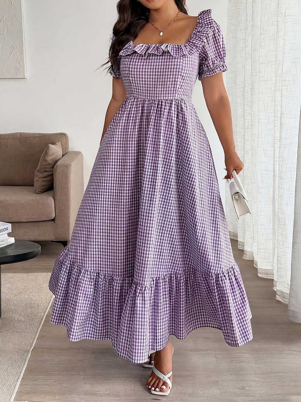 Robe longue grande taille — Vichy violet et dos smocké élastique