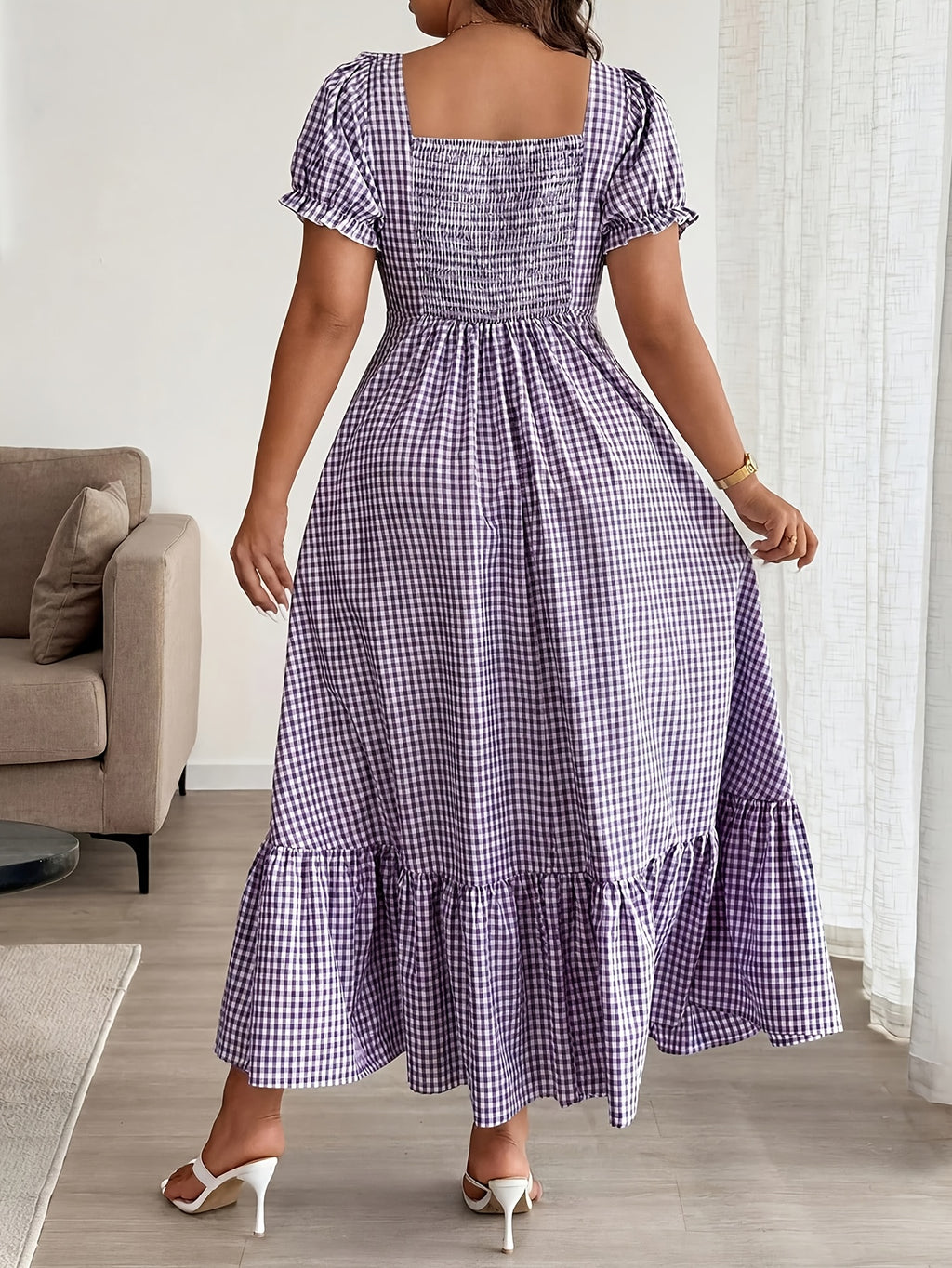 Robe longue grande taille — Vichy violet et dos smocké élastique