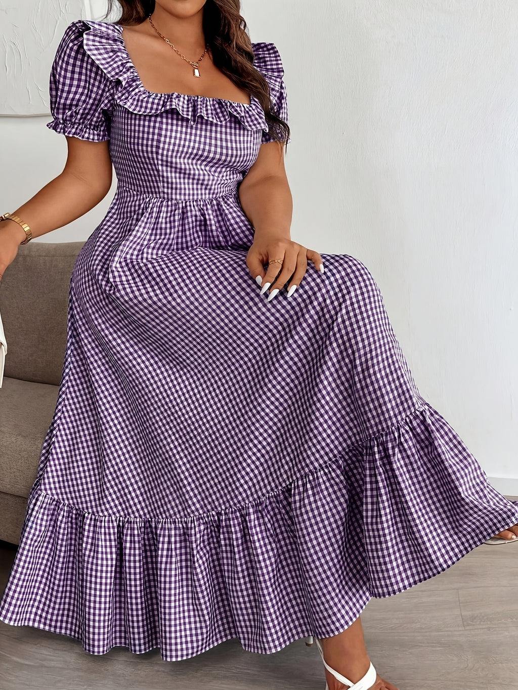 Robe longue grande taille — Vichy violet et dos smocké élastique
