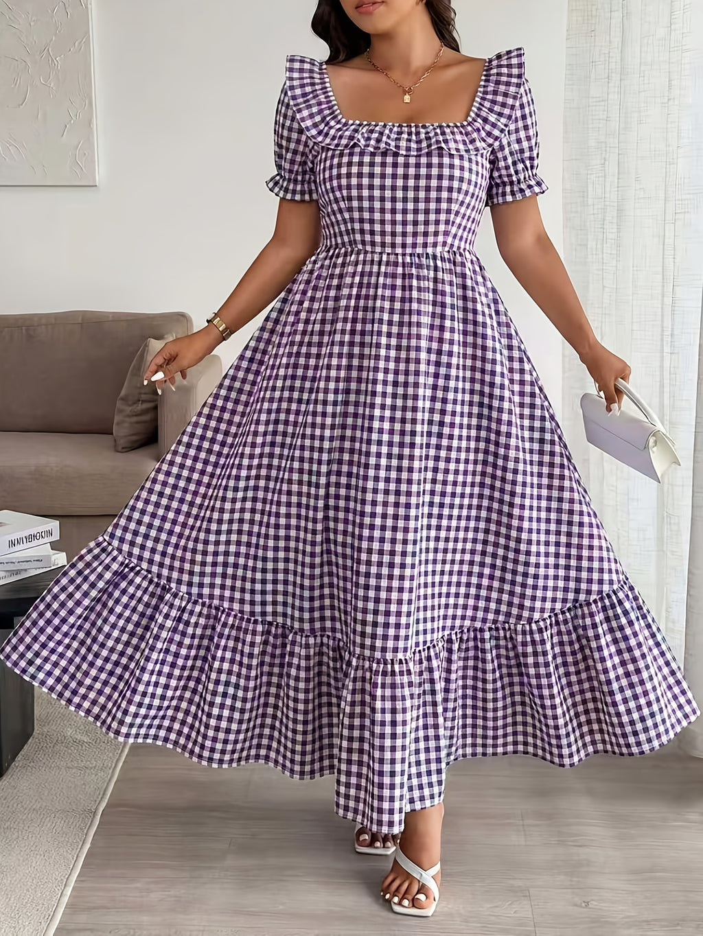 Robe longue grande taille — Vichy violet et dos smocké élastique