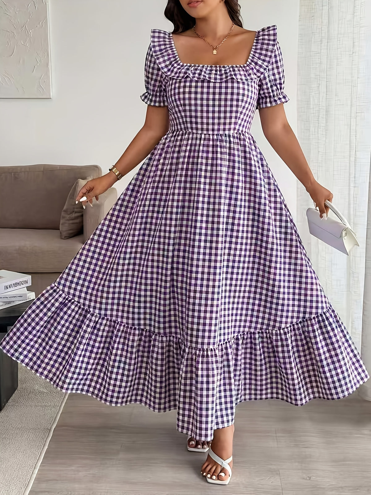 Robe longue grande taille — Vichy violet et dos smocké élastique