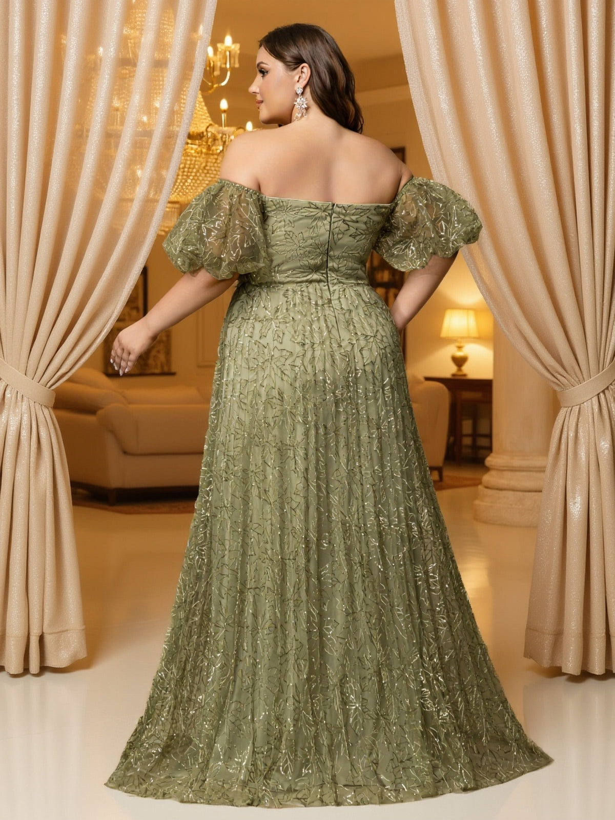 Robe de mariage grande taille, feuillage pailleté
