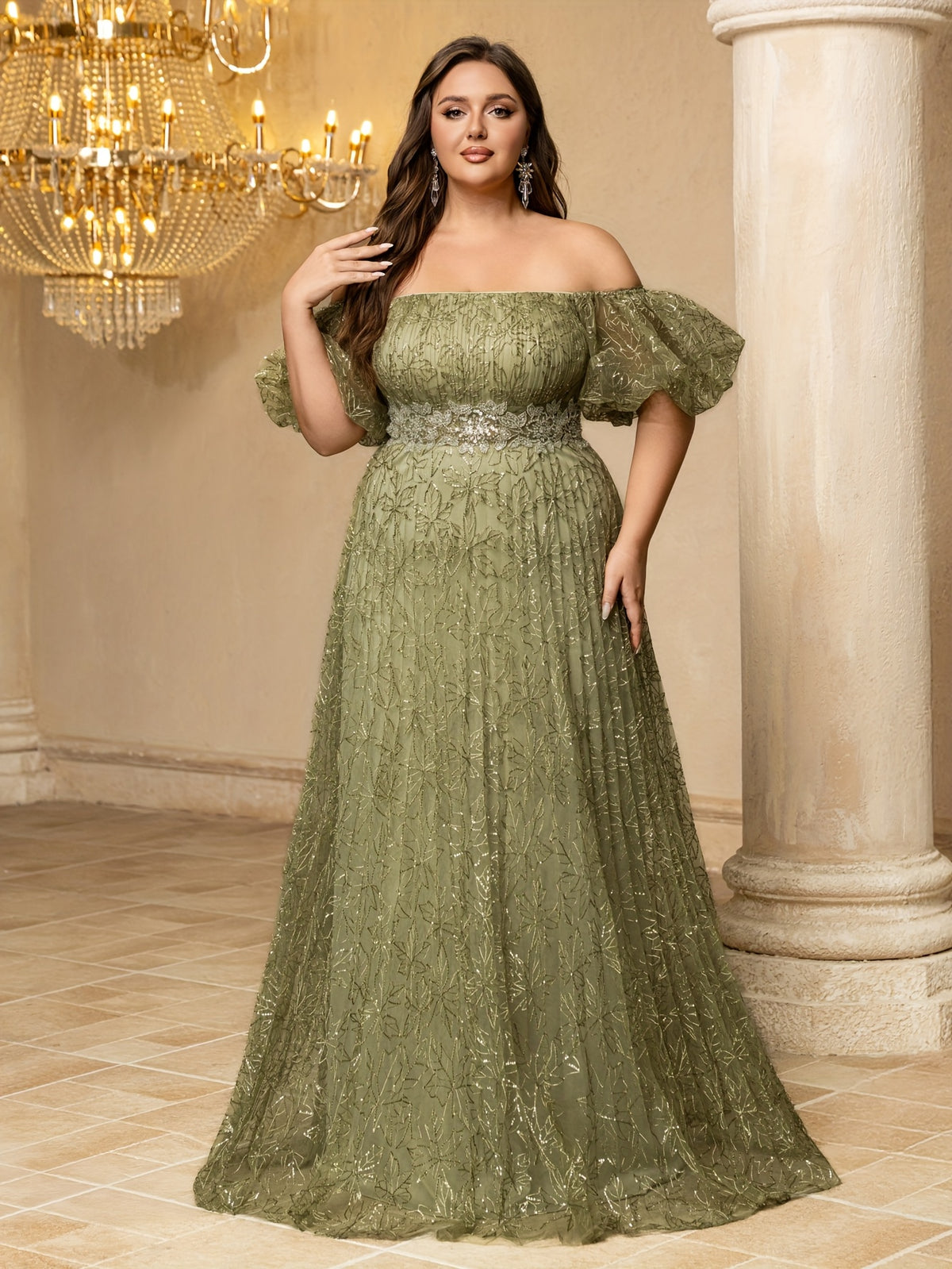 Robe de mariage grande taille, feuillage pailleté