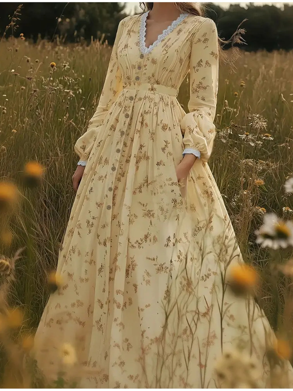 Robe maxi grande taille — Jaune beurre à semis floral brun