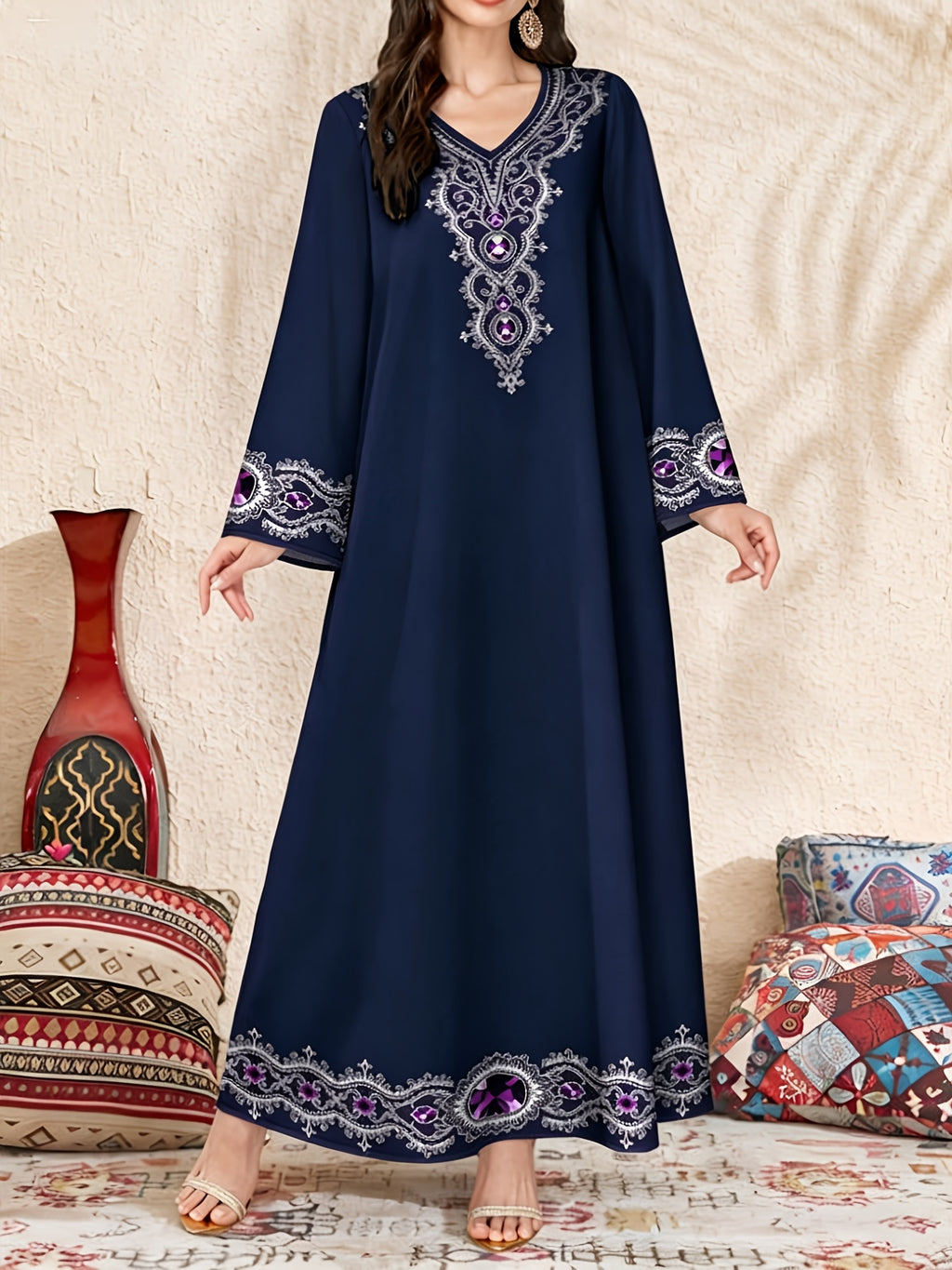 Robe maxi grande taille — Violet à frise ethnique imprimée