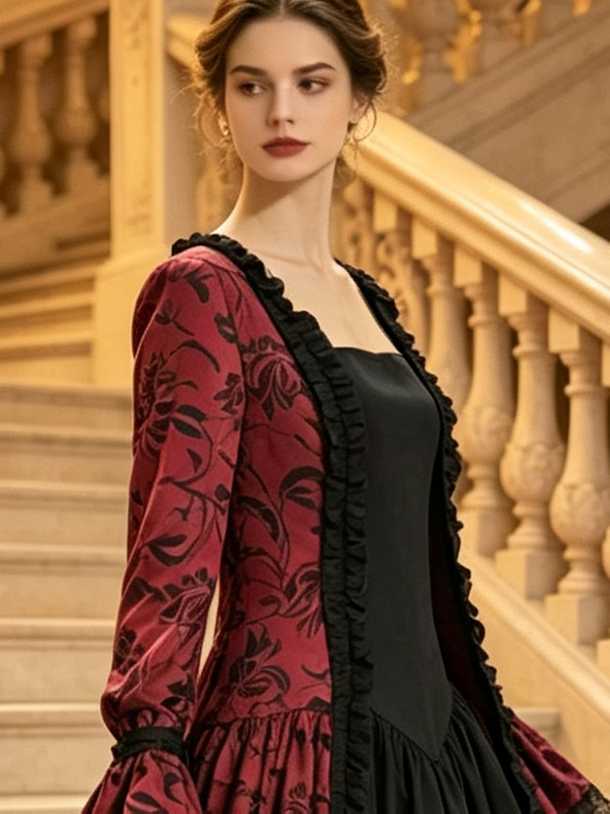 Robe médiévale grande taille, imprimé floral flocké, dos lacé
