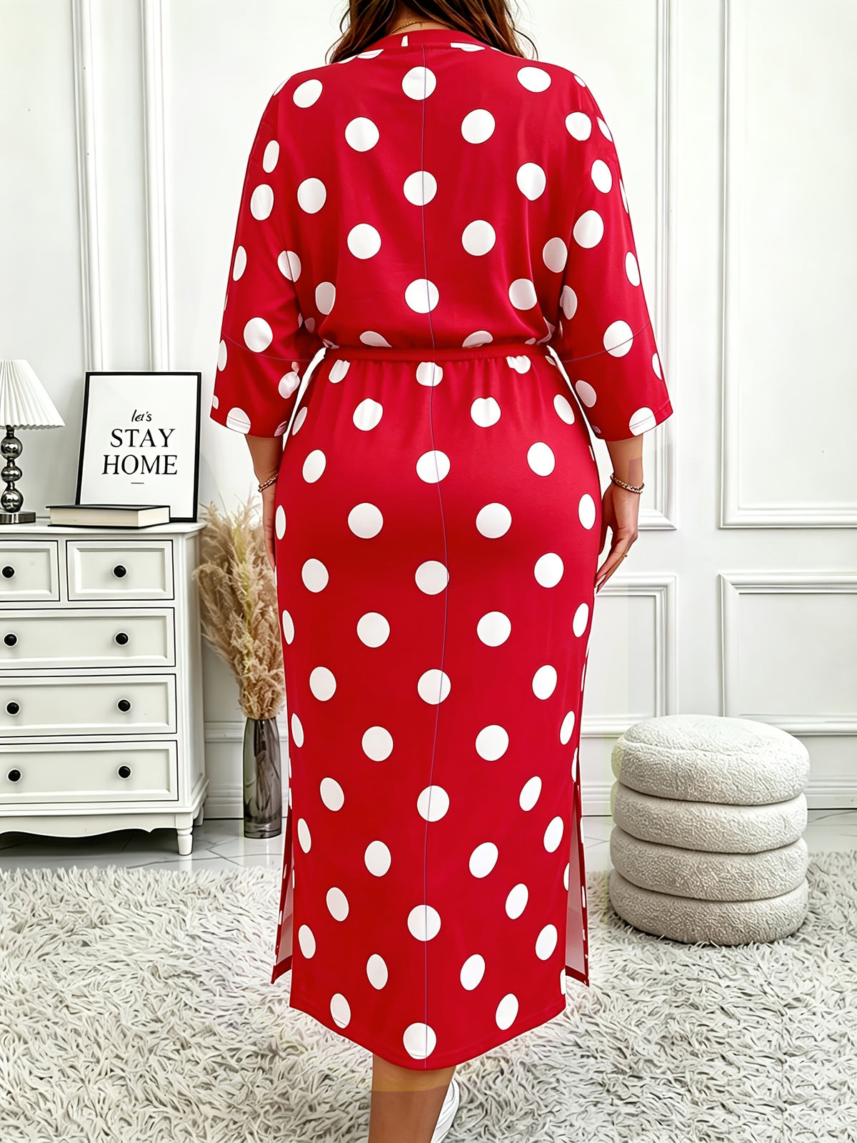 Robe mi-longue grande taille — Rouge, gros pois, cordon