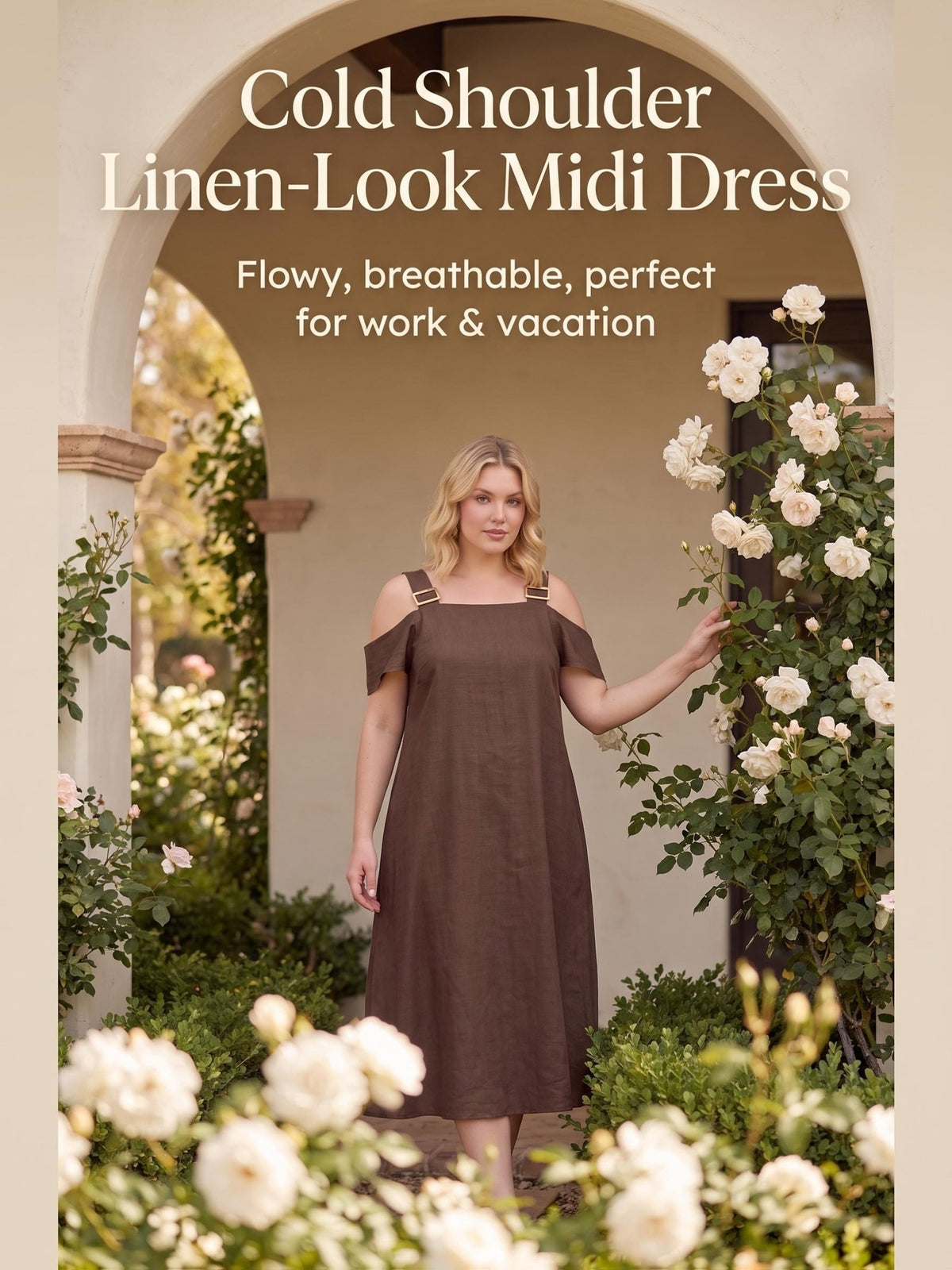 Robe mi-longue grande taille — Viscose et lin, épaules nues