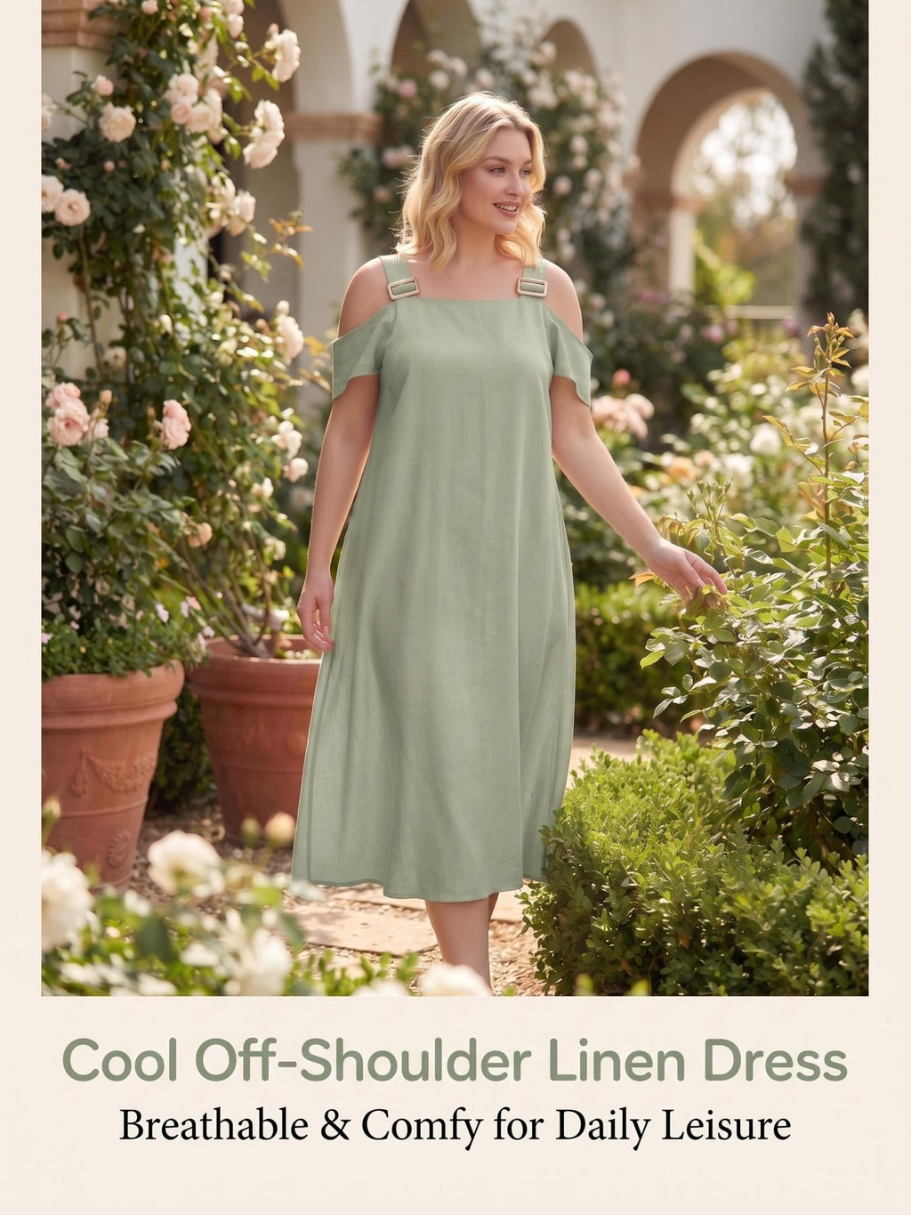 Robe mi-longue grande taille — Viscose et lin, épaules nues
