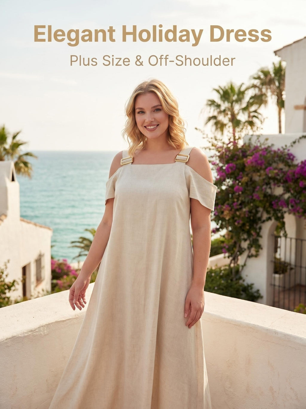 Robe mi-longue grande taille — Viscose et lin, épaules nues