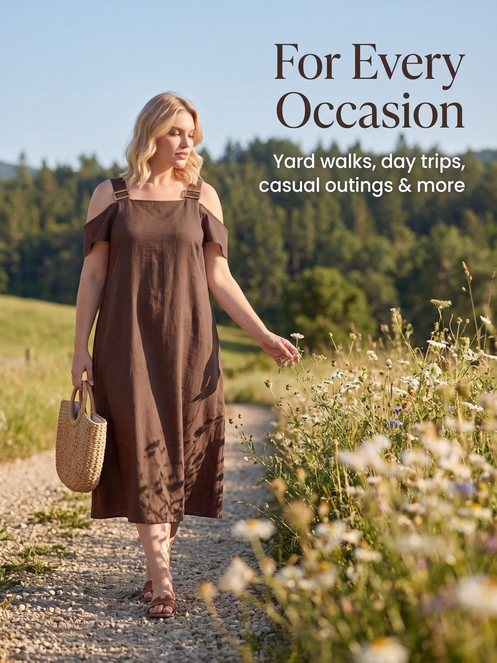 Robe mi-longue grande taille — Viscose et lin, épaules nues