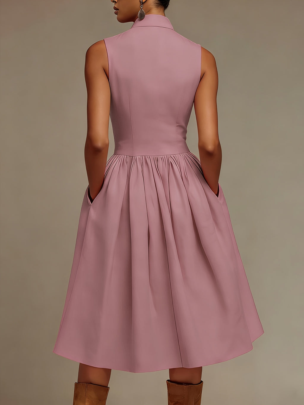 Robe midi grande taille — Beige zippée, col montant et poches