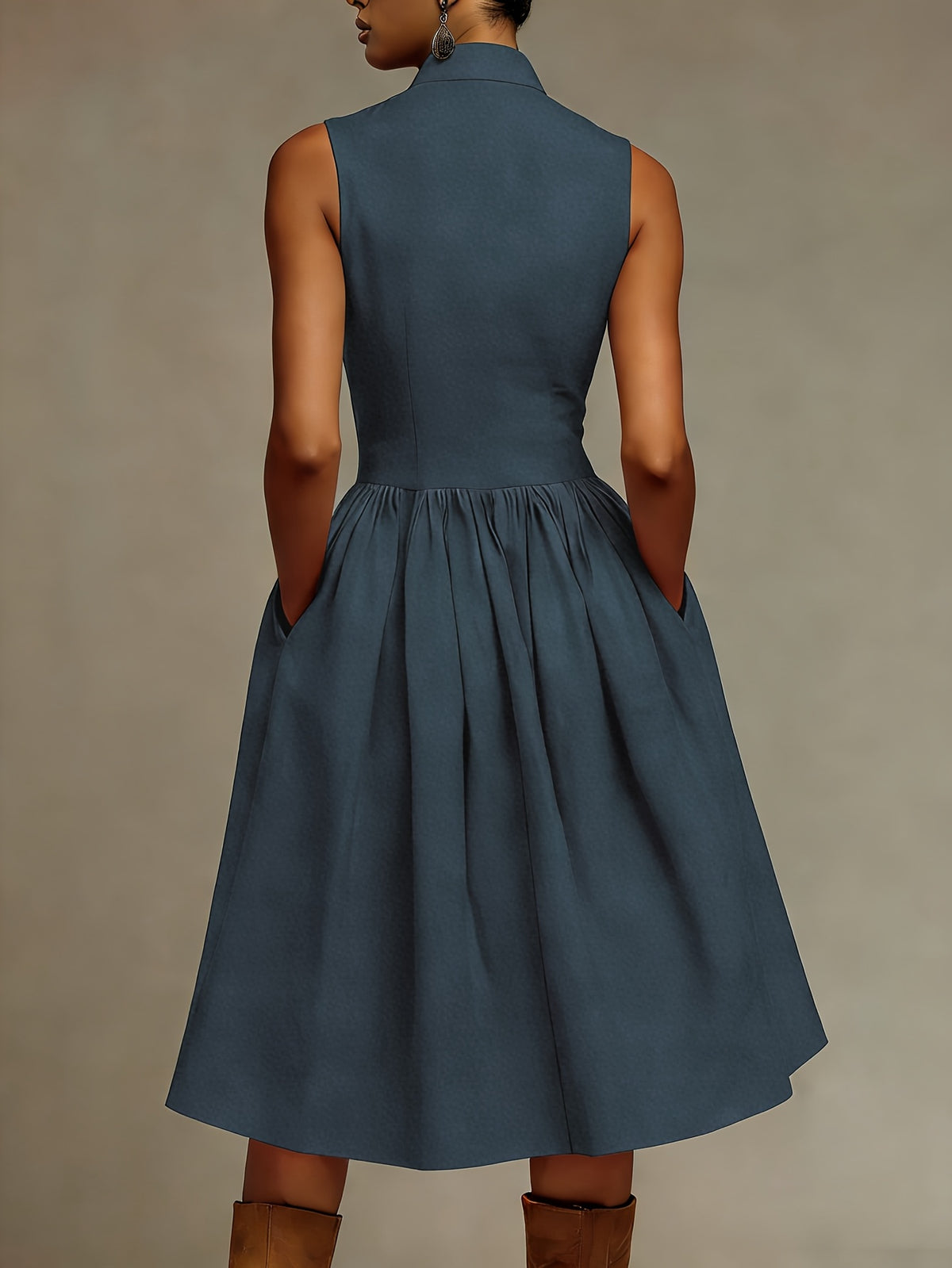 Robe midi grande taille — Beige zippée, col montant et poches