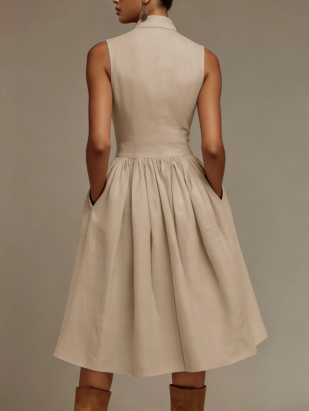 Robe midi grande taille — Beige zippée, col montant et poches