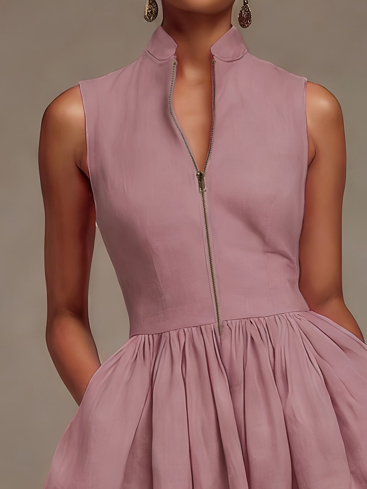Robe midi grande taille — Beige zippée, col montant et poches