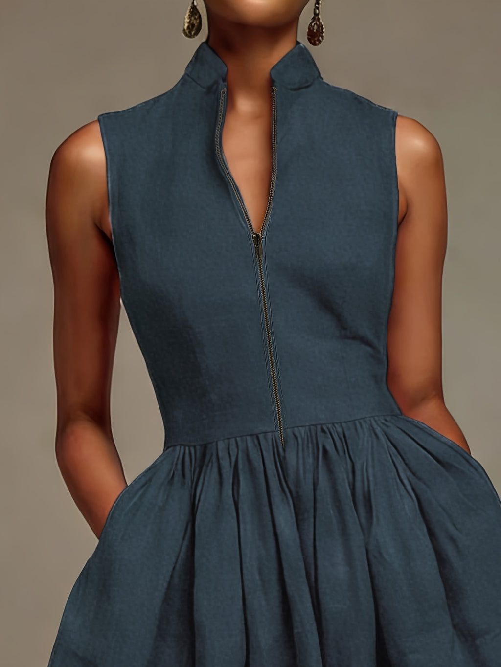 Robe midi grande taille — Beige zippée, col montant et poches