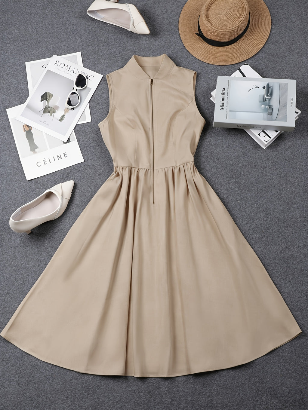 Robe midi grande taille — Beige zippée, col montant et poches